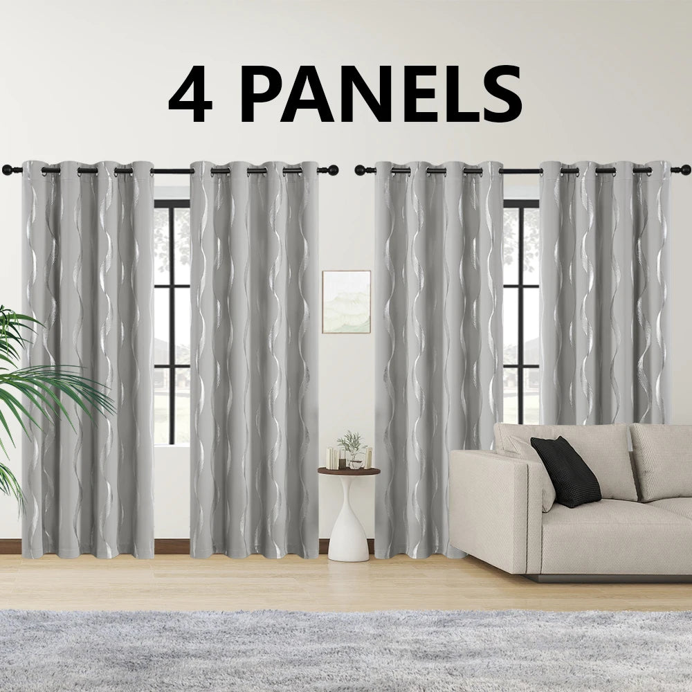 4PCS Blackout Curtains Grommet Thermal Insulated Room Darkening With Wave Foil Printed For Bedroom