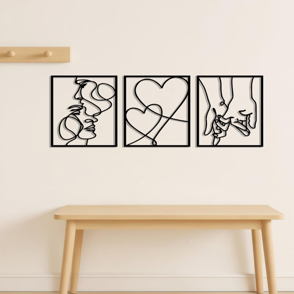 3-Piece Romantic Metal Wall Art Set - Minimalist Couple Silhouette, Love & Kiss Line Drawings, Heartwarming Decor for Bedroom,