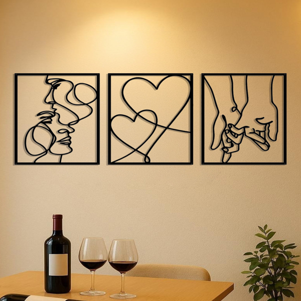 3-Piece Romantic Metal Wall Art Set - Minimalist Couple Silhouette, Love & Kiss Line Drawings, Heartwarming Decor for Bedroom,