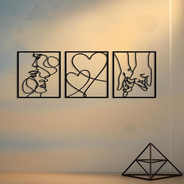 3-Piece Romantic Metal Wall Art Set - Minimalist Couple Silhouette, Love & Kiss Line Drawings, Heartwarming Decor for Bedroom,
