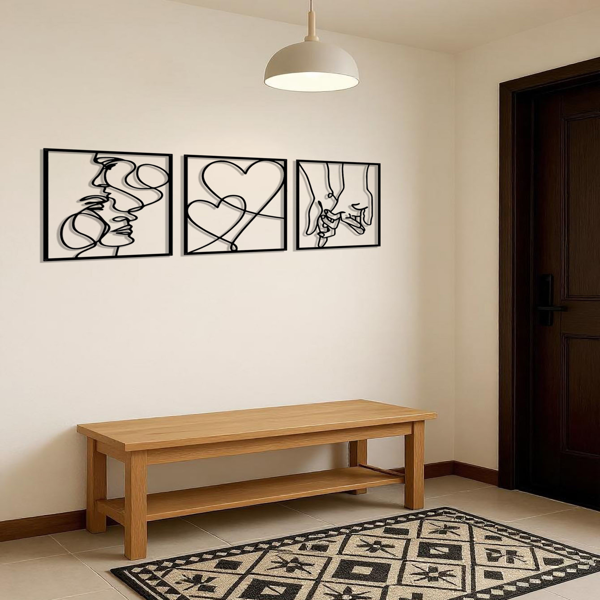 3-Piece Romantic Metal Wall Art Set - Minimalist Couple Silhouette, Love & Kiss Line Drawings, Heartwarming Decor for Bedroom,