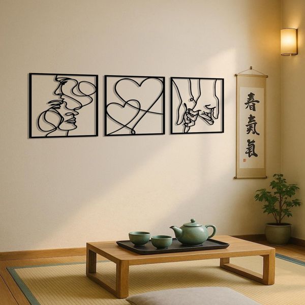 3-Piece Romantic Metal Wall Art Set - Minimalist Couple Silhouette, Love & Kiss Line Drawings, Heartwarming Decor for Bedroom,