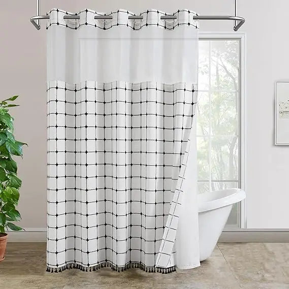 no hook shower curtain with snap in fabric liner set, boho farmhouse black and white woven jacquard grid shower curtain for bat