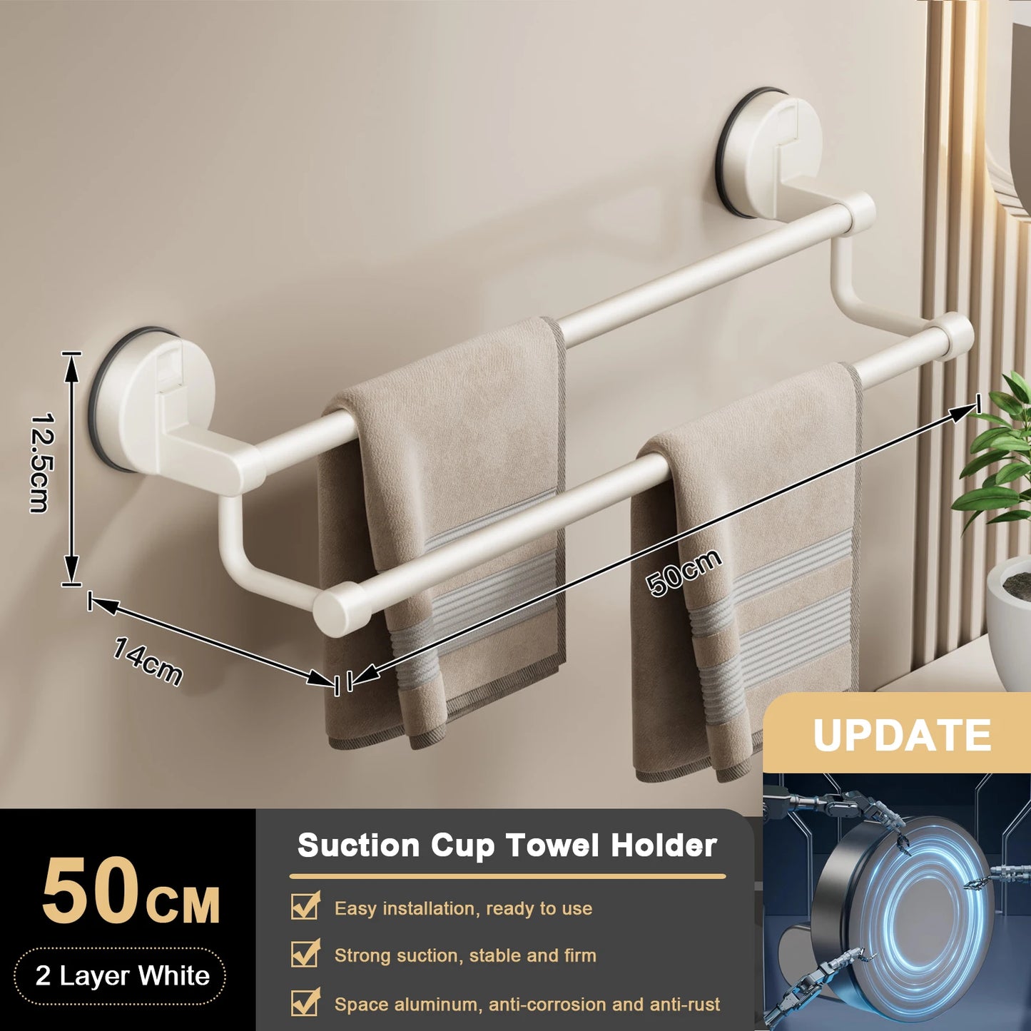 Suction Cup Bathroom Hand Towel Rack Towel Holder Wall Mount No Drill Mount 30/40/50cm Towel Bar Double Bar 2 Tier Apartment