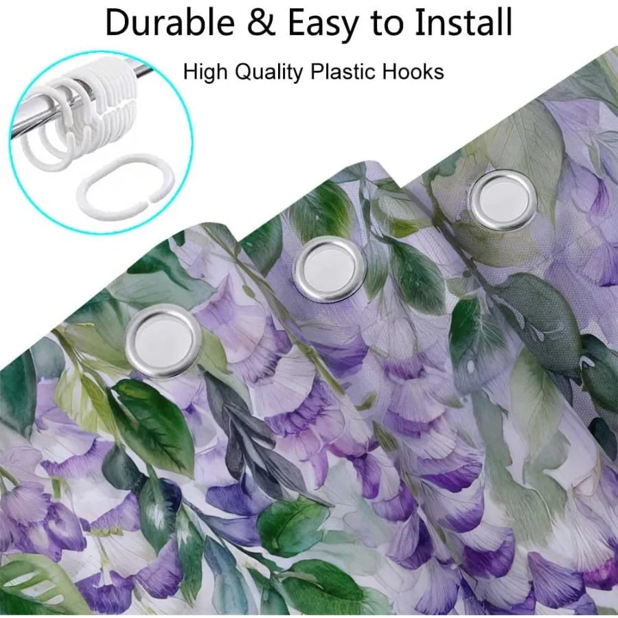 Purple Lavender Floral Butterfly Shower Curtain Spring Purple Lilac Flower Leaves Fabric Shower Curtains Set for Girl Bathroom
