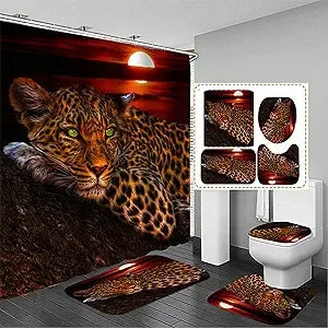 african-inspired waterproof shower curtain set: 4-piece leopard & cheetah bathroom decor with mats