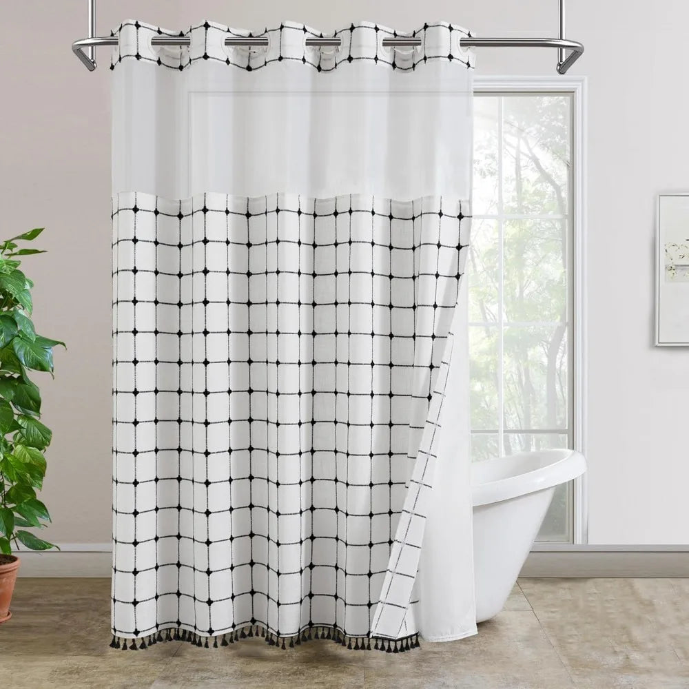 no hook shower curtain with snap in fabric liner set, boho farmhouse black and white woven jacquard grid shower curtain for bat
