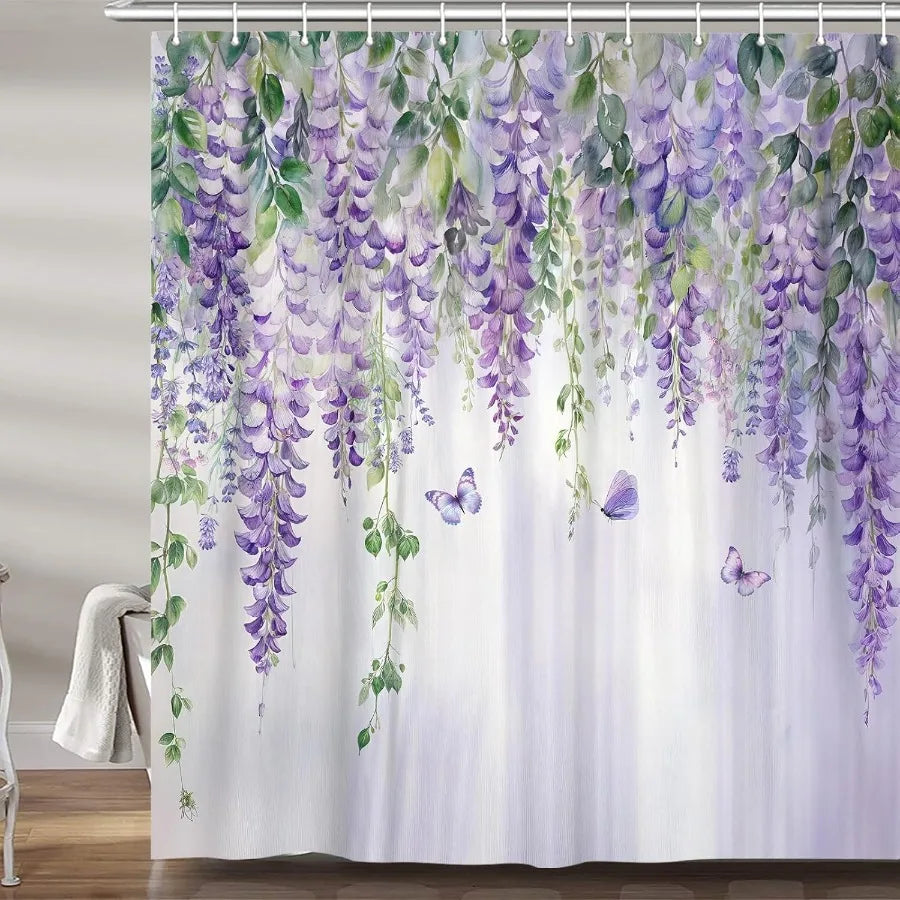 Purple Lavender Floral Butterfly Shower Curtain Spring Purple Lilac Flower Leaves Fabric Shower Curtains Set for Girl Bathroom