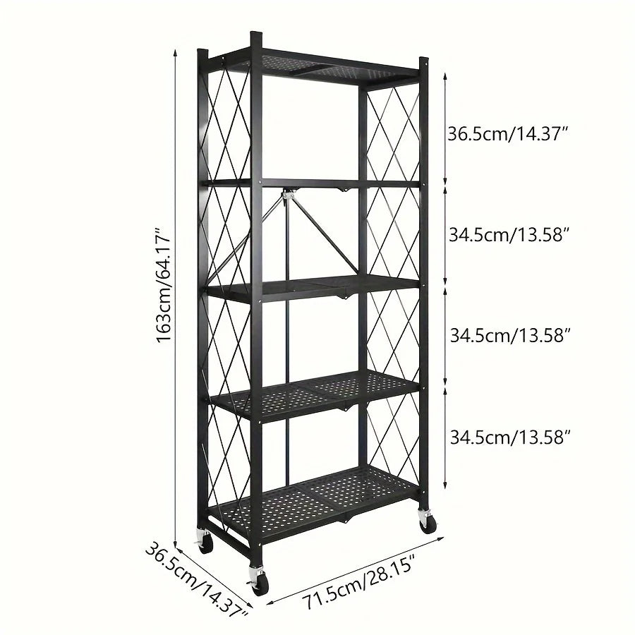 3/4/5-Tier Heavy-Duty Iron Storage Shelf with Rolling Shelves - Heavy-Duty Foldable & Portable Multi-Tier Shelving Unit