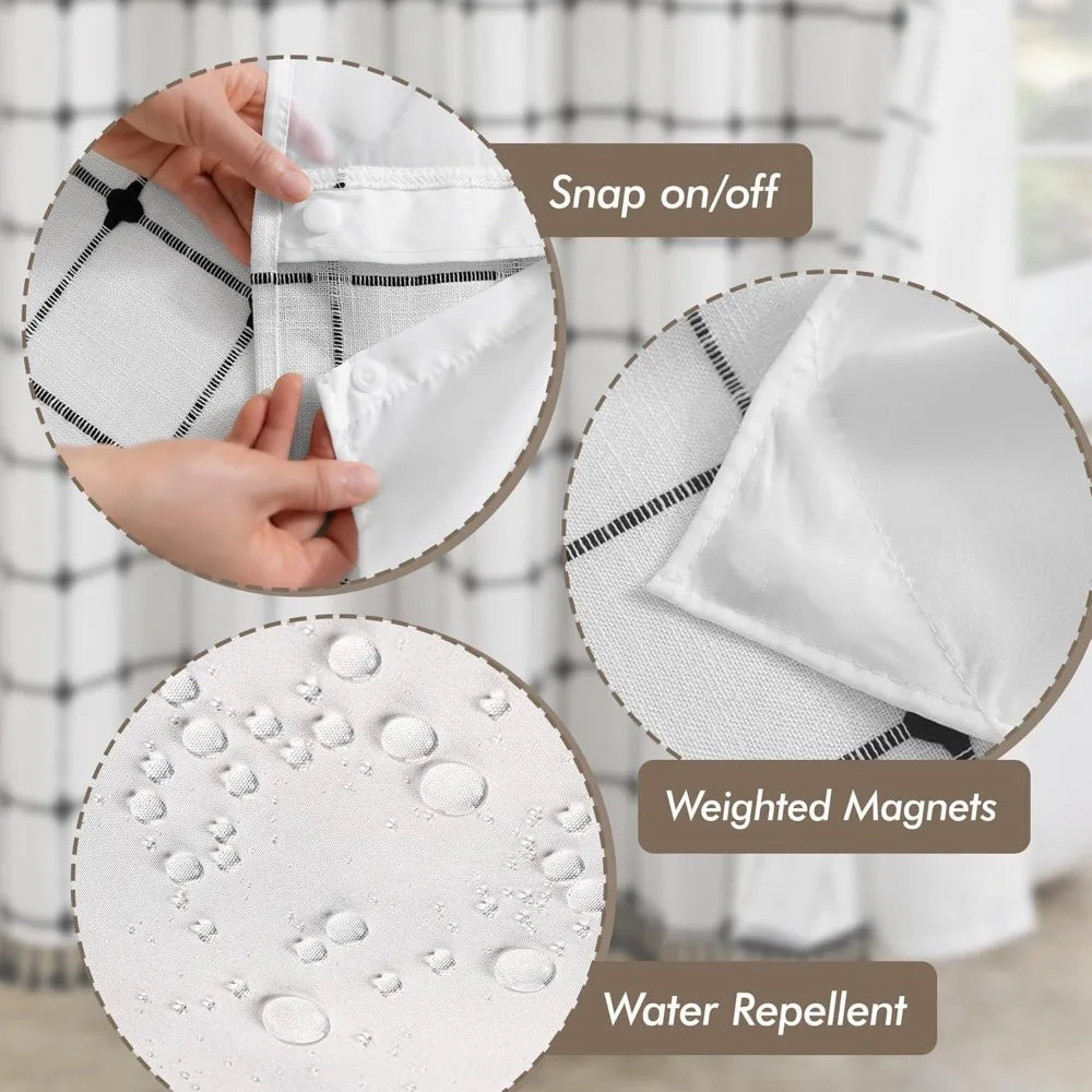 no hook shower curtain with snap in fabric liner set, boho farmhouse black and white woven jacquard grid shower curtain for bat