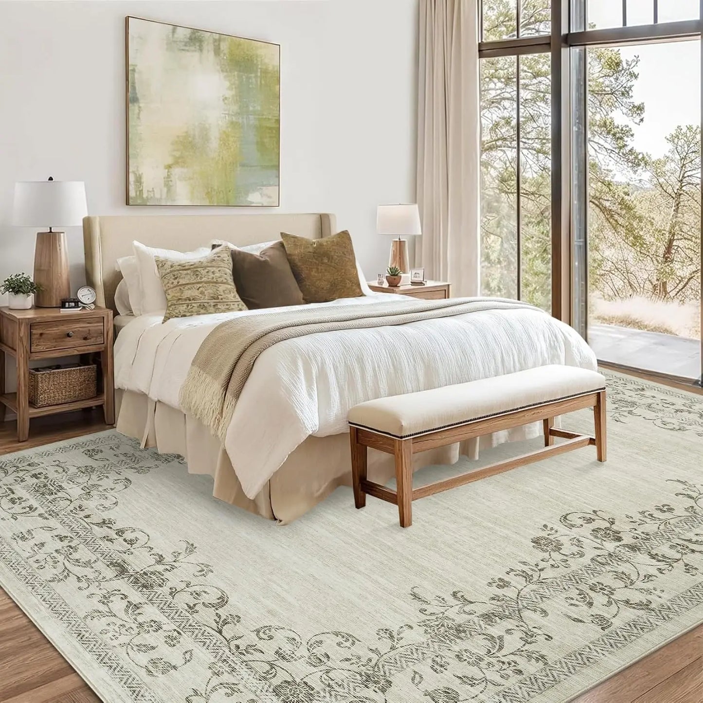 Washable Area Rug for Bedroom Farmhouse Rugs for Living Room Indoor Floral Bordered Large Rug Soft Carpet for Dining Room Office