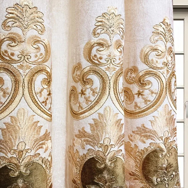 2pcs Chenille gold embroidered bedroom curtain finished, without valance