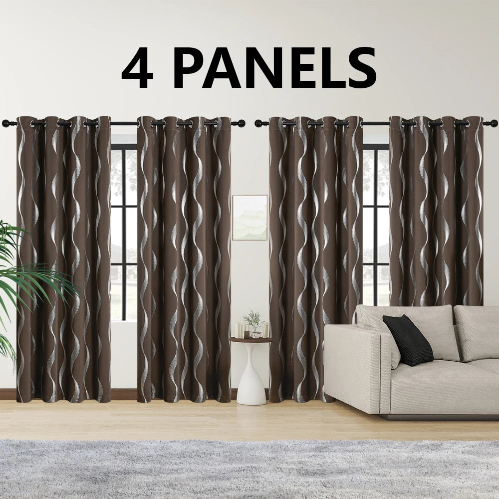 4PCS Blackout Curtains Grommet Thermal Insulated Room Darkening  With Wave Foil Printed For Bedroom