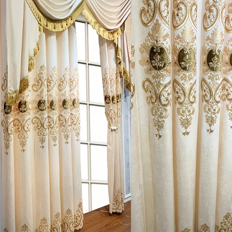 2pcs Chenille gold embroidered bedroom curtain finished, without valance