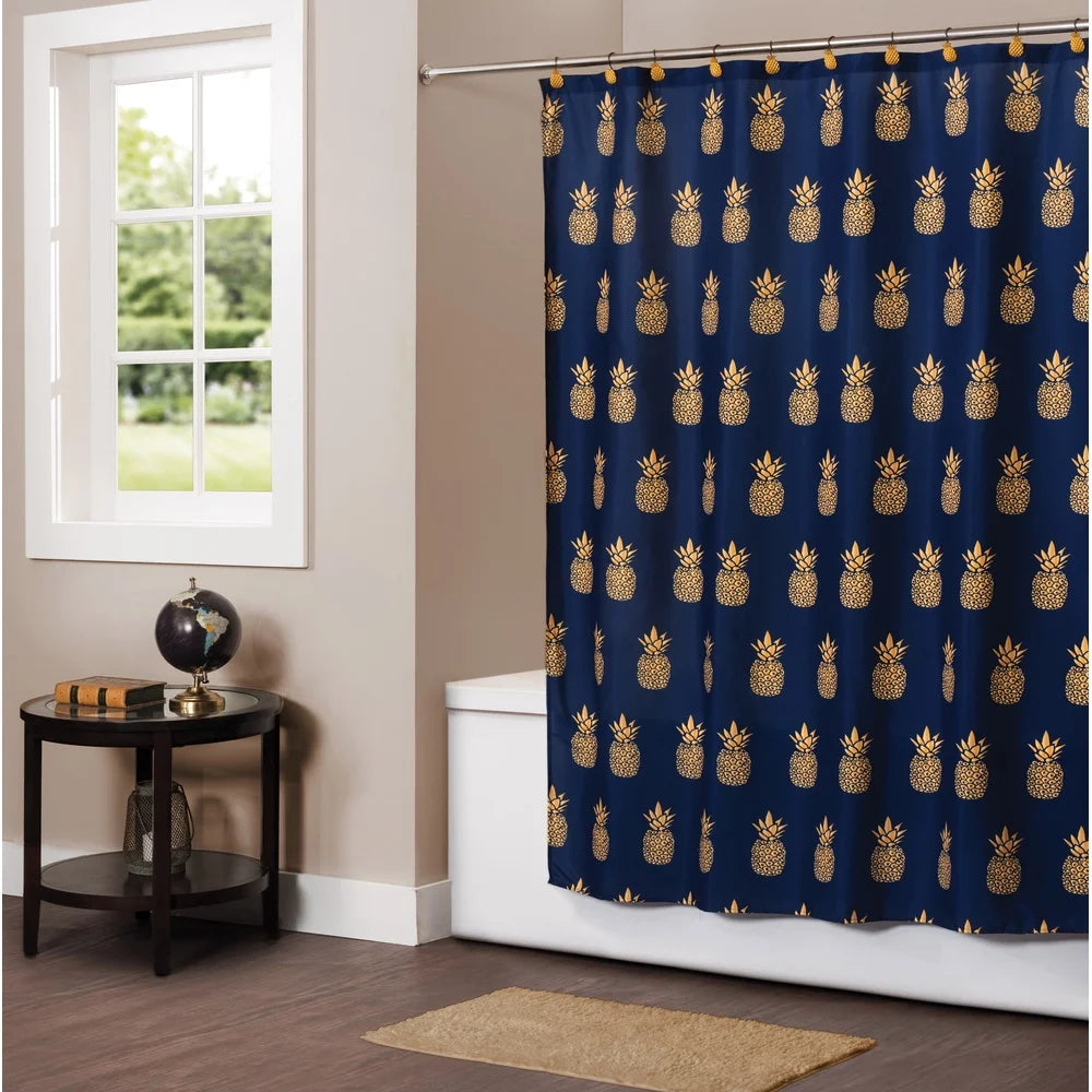 Gilded Pineapple Shower Curtain Navy Blue 72x72 Durable Polyester Bathroom Decor Easy Care Waterproof Machine Washable