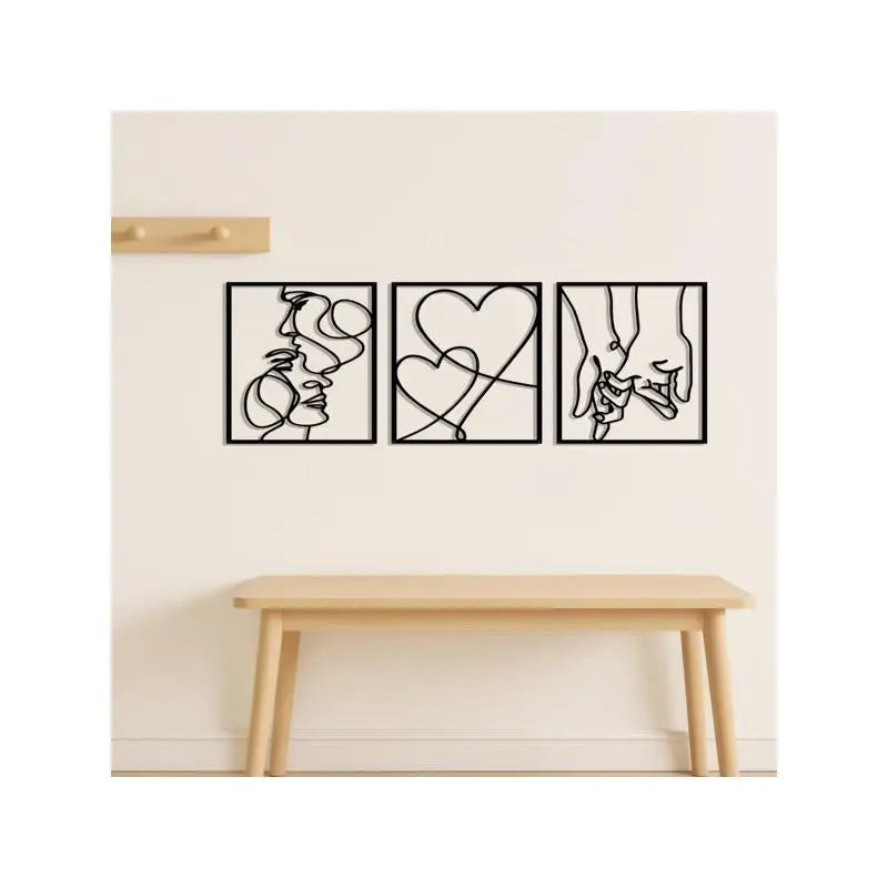 3-Piece Romantic Metal Wall Art Set - Minimalist Couple Silhouette, Love & Kiss Line Drawings, Heartwarming Decor for Bedroom,