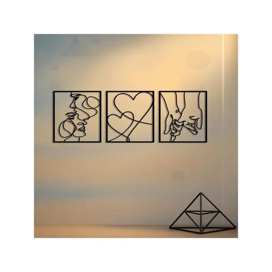 3-Piece Romantic Metal Wall Art Set - Minimalist Couple Silhouette, Love & Kiss Line Drawings, Heartwarming Decor for Bedroom,
