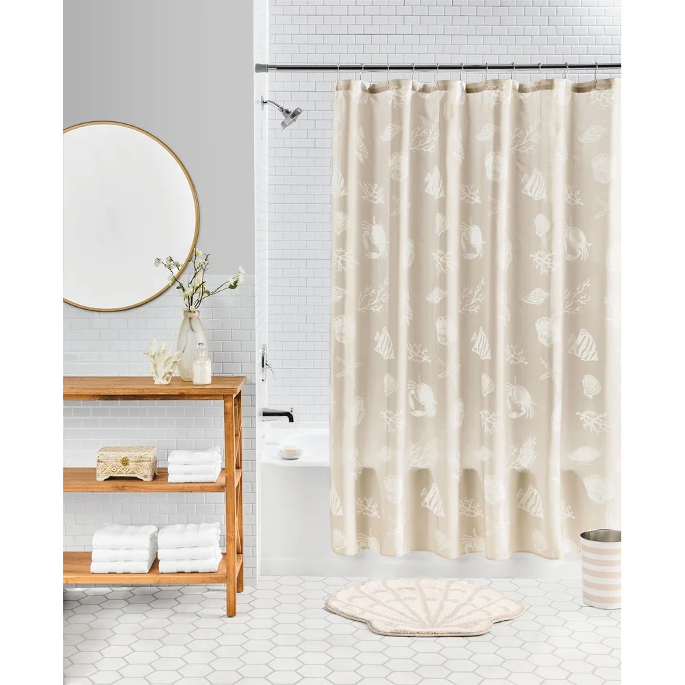 Sea Life Shower Curtain Set 13 Pieces with Hooks Polyester Fabric 72x72 Decorative Bathroom Accessories Machine Washable Coastal