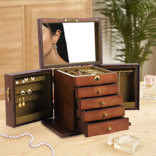 Wooden Jewelry Box for Women, Wood Organizer with Combo Lock for Jewelries Vintage Style Storage Box with Mirror
