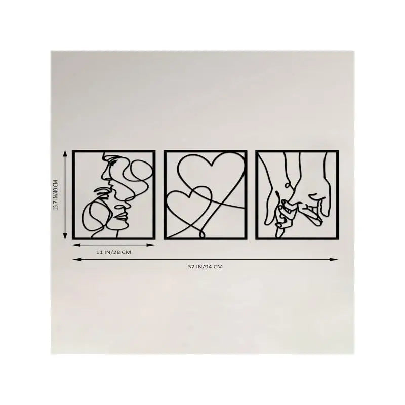 3-Piece Romantic Metal Wall Art Set - Minimalist Couple Silhouette, Love & Kiss Line Drawings, Heartwarming Decor for Bedroom,