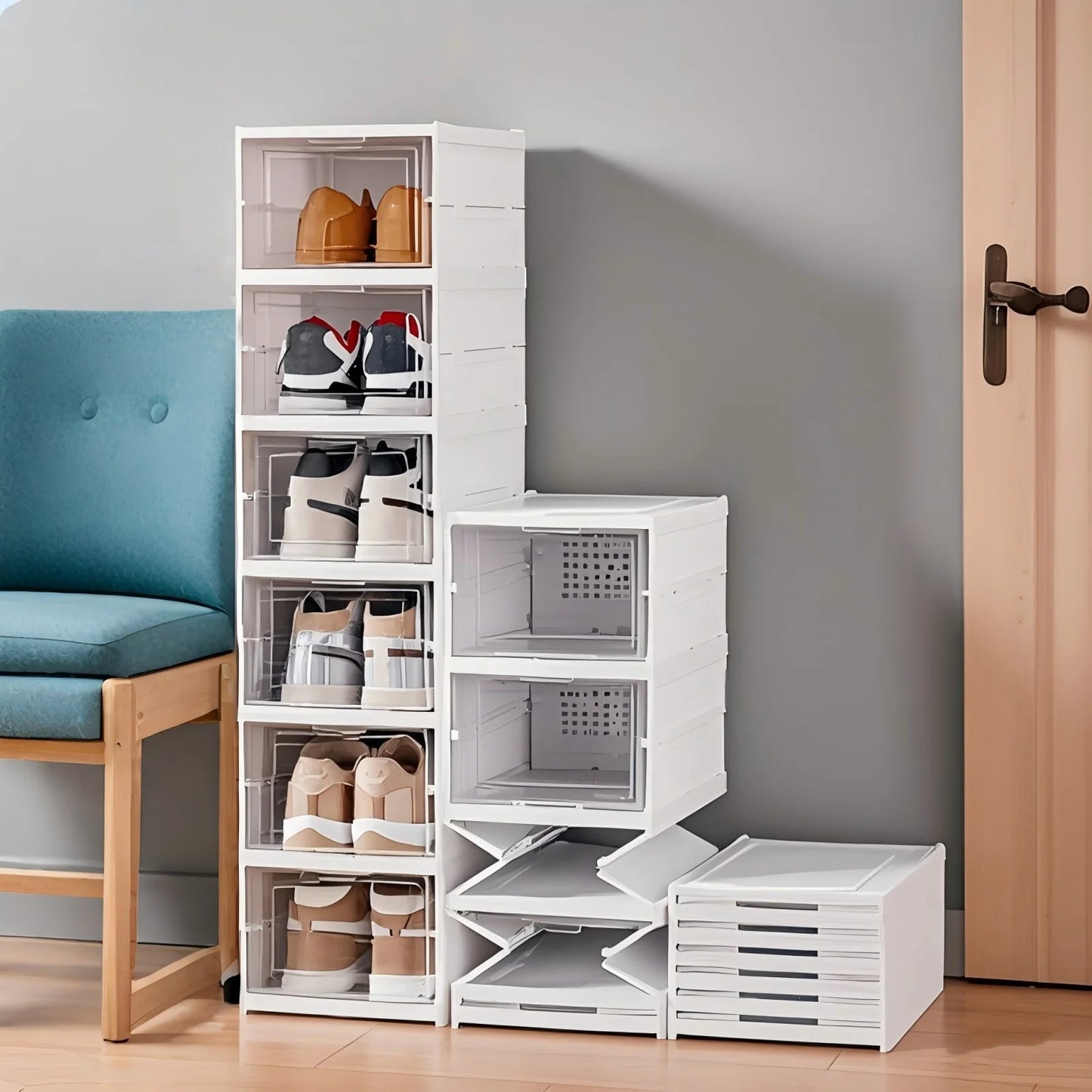 Shoes Storage Box Foldable Transparent Sneaker Shoe Organizers Cabinet Stackable Dustproof High-top Cabinet Shoe Rack Shelf