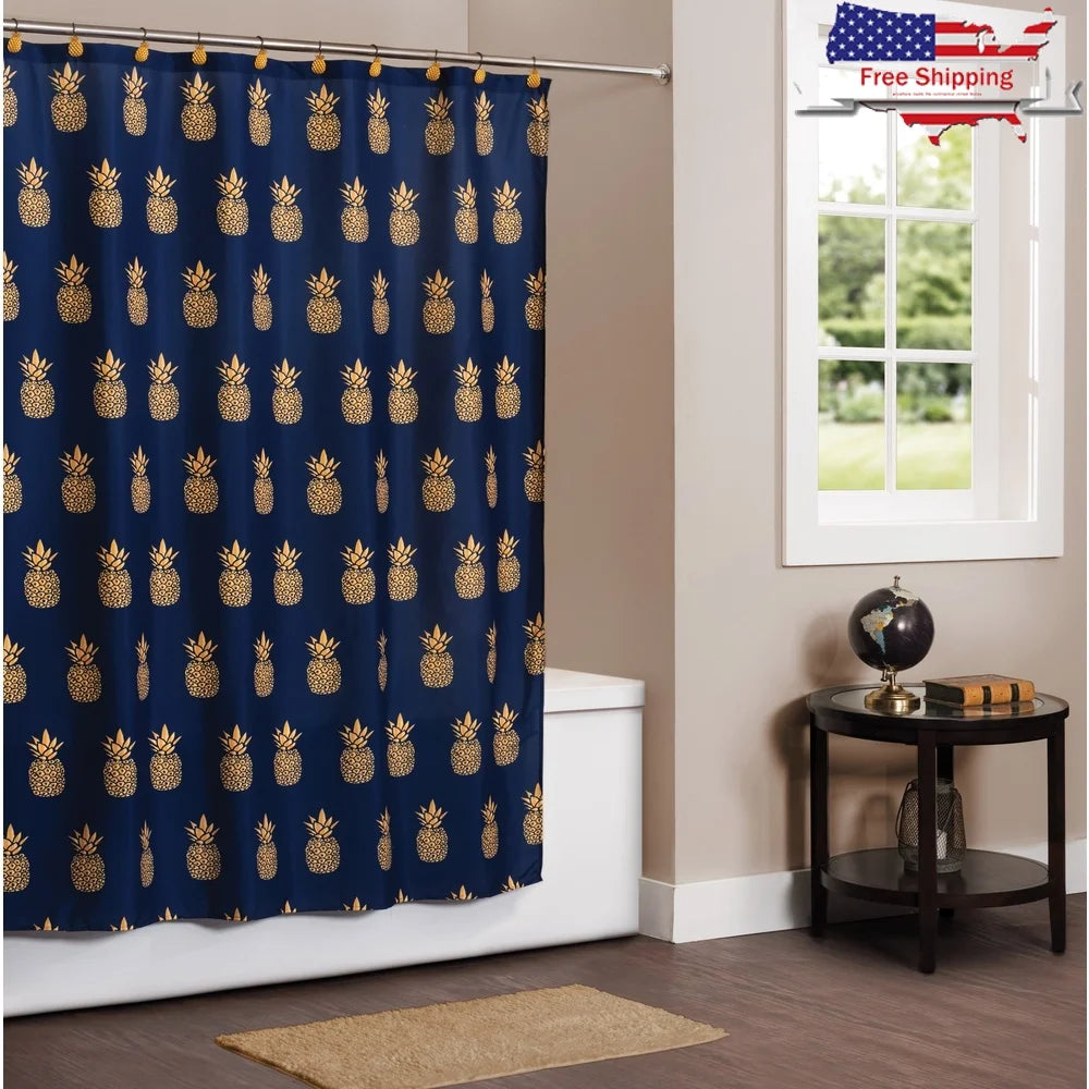 Gilded Pineapple Shower Curtain Navy Blue 72x72 Durable Polyester Bathroom Decor Easy Care Waterproof Machine Washable