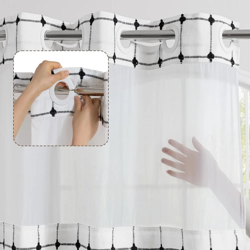 no hook shower curtain with snap in fabric liner set, boho farmhouse black and white woven jacquard grid shower curtain for bat