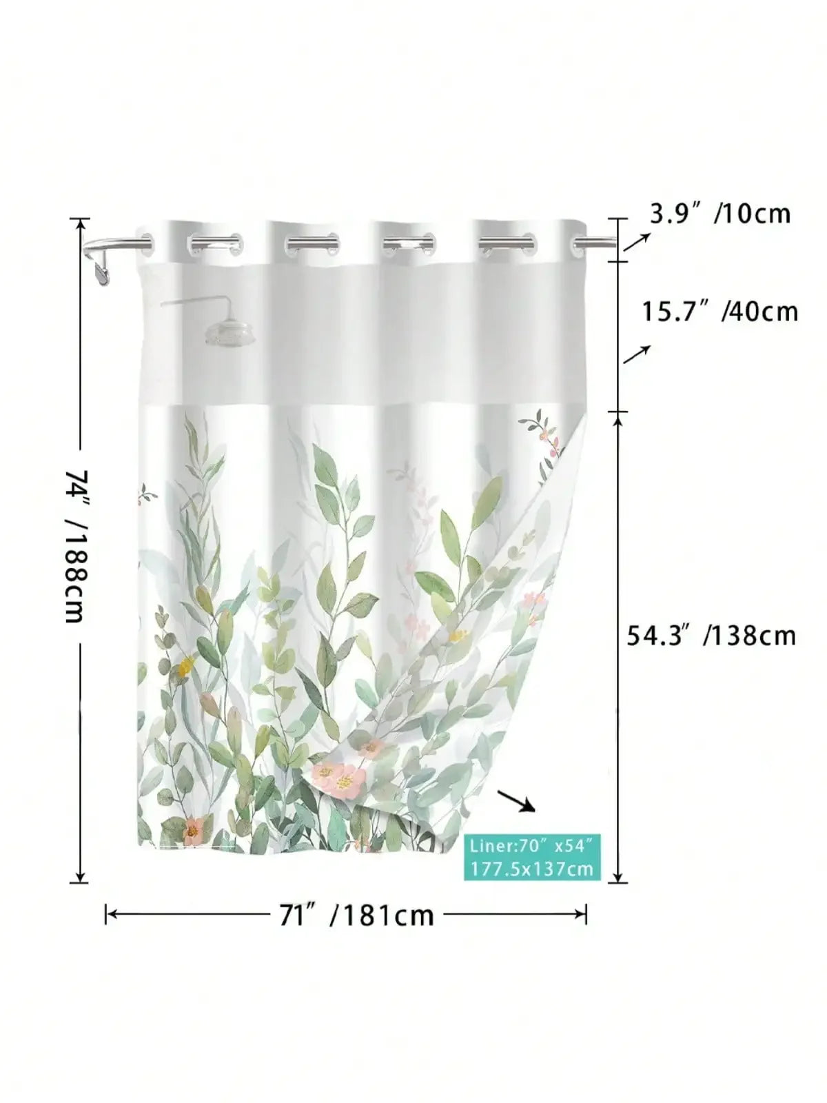 Plants Pattern No Hook Waterproof Shower Curtain, Removable With , Perfect For Bathroom Decor In Winter,  Modern & Simple Design