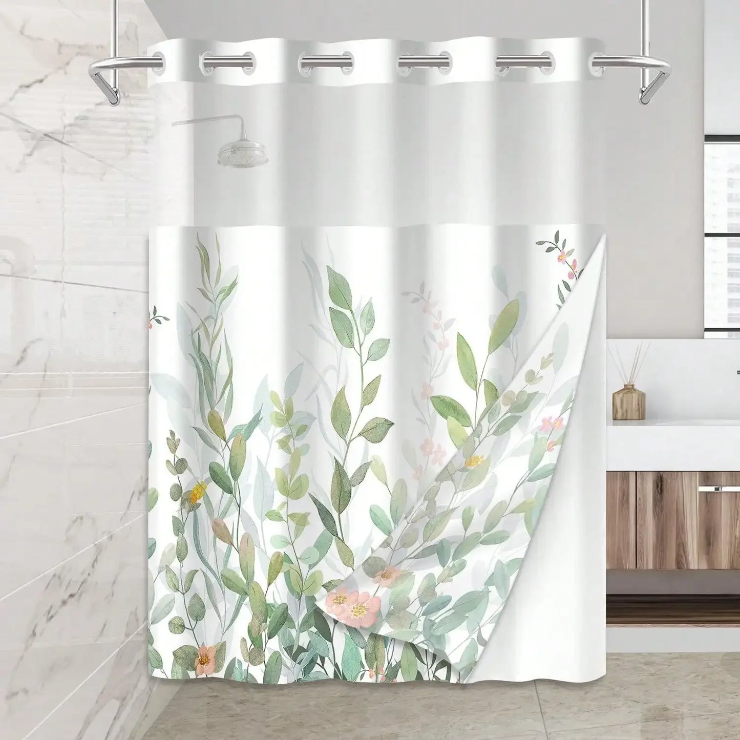Plants Pattern No Hook Waterproof Shower Curtain, Removable With , Perfect For Bathroom Decor In Winter,  Modern & Simple Design