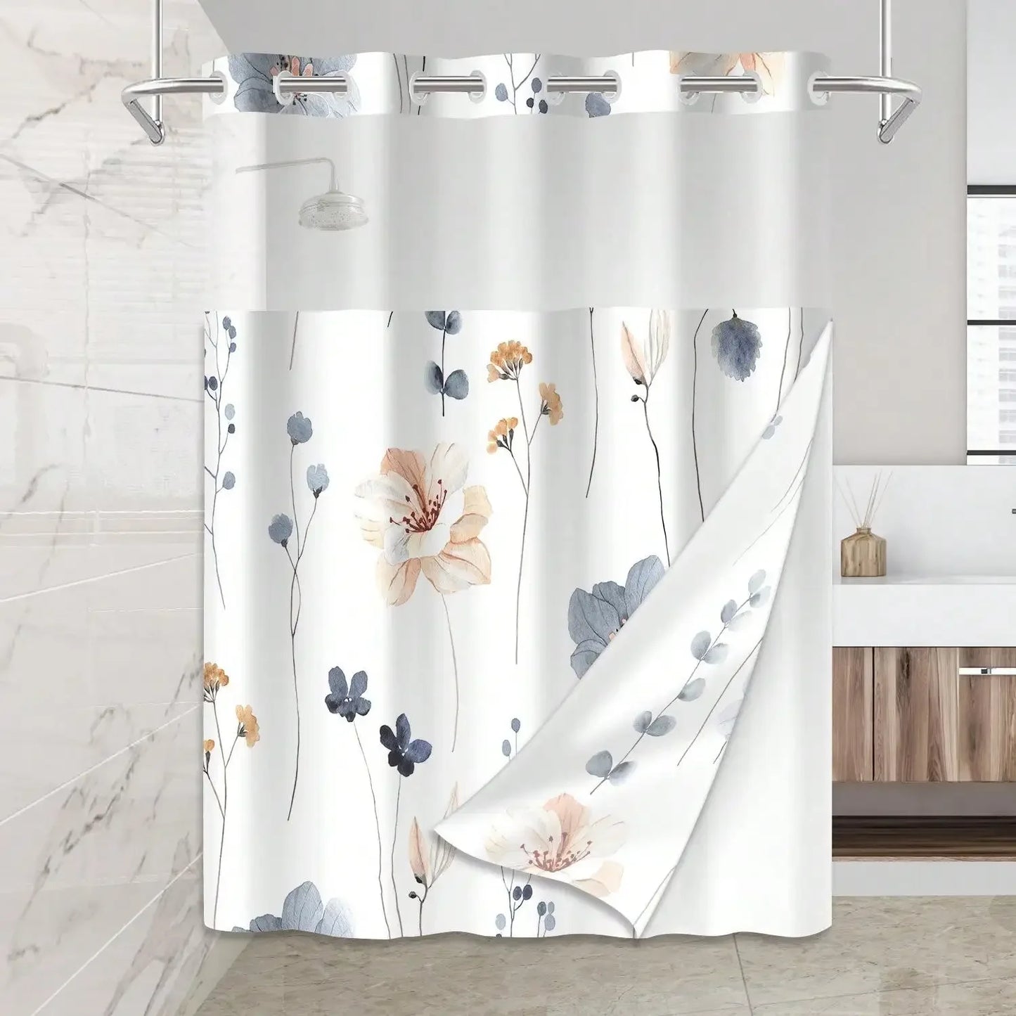 Plants Pattern No Hook Waterproof Shower Curtain, Removable With , Perfect For Bathroom Decor In Winter,  Modern & Simple Design