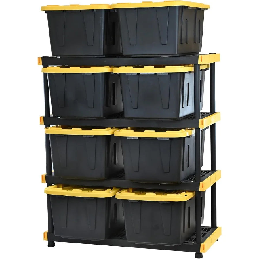 Black Yellow Shelving Unit and Heavy Duty Storage Containers for Industrial Warehouse Garage Basement and Workshop Organization