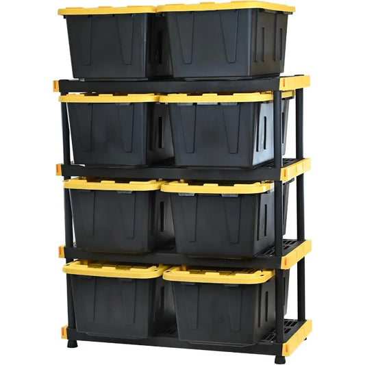 Black Yellow Shelving Unit and Heavy Duty Storage Containers for Industrial Warehouse Garage Basement and Workshop Organization
