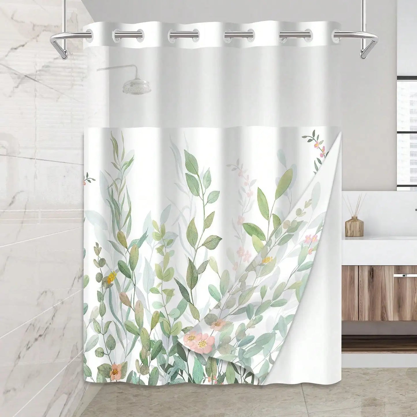 Plants Pattern No Hook Waterproof Shower Curtain, Removable With , Perfect For Bathroom Decor In Winter,  Modern & Simple Design