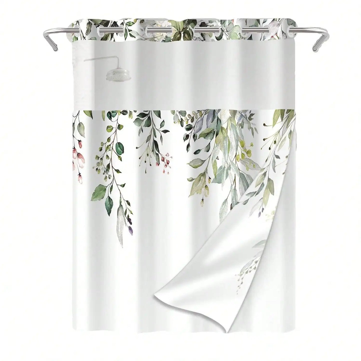 Plants Pattern No Hook Waterproof Shower Curtain, Removable With , Perfect For Bathroom Decor In Winter,  Modern & Simple Design