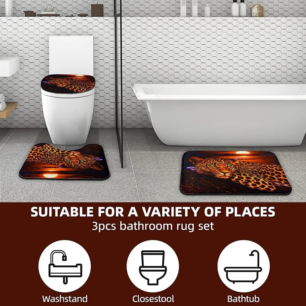 african-inspired waterproof shower curtain set: 4-piece leopard & cheetah bathroom decor with mats