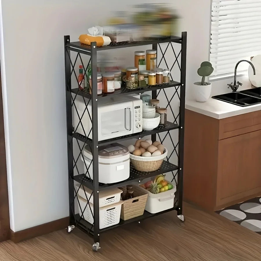 3/4/5-Tier Heavy-Duty Iron Storage Shelf with Rolling Shelves - Heavy-Duty Foldable & Portable Multi-Tier Shelving Unit