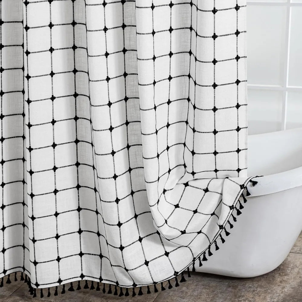 no hook shower curtain with snap in fabric liner set, boho farmhouse black and white woven jacquard grid shower curtain for bat