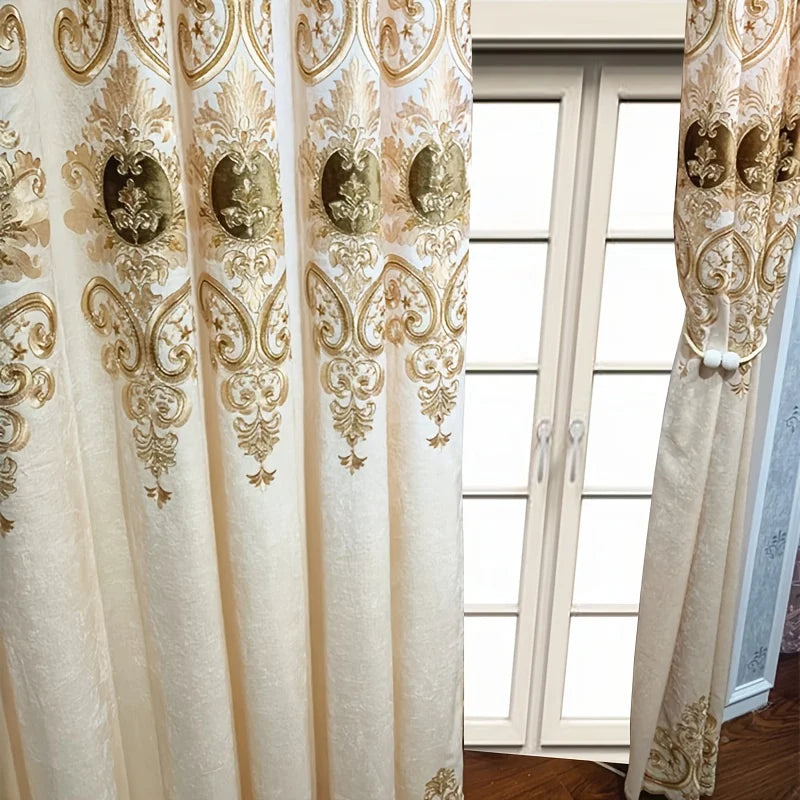 2pcs Chenille gold embroidered bedroom curtain finished, without valance