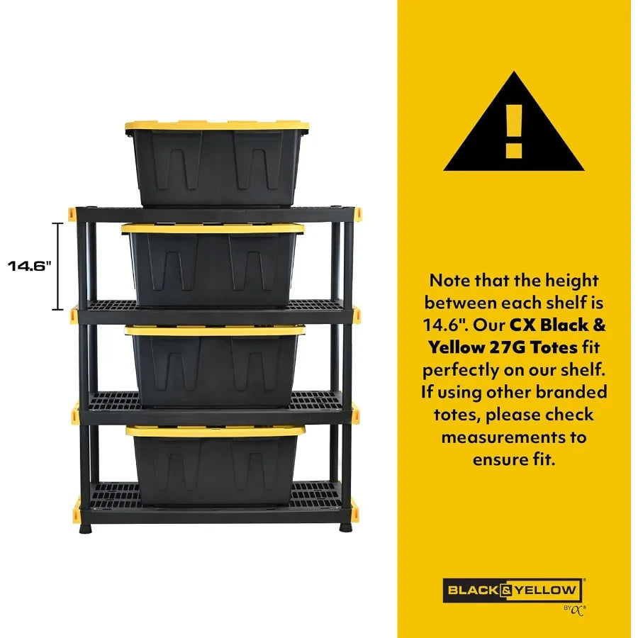Black Yellow Shelving Unit and Heavy Duty Storage Containers for Industrial Warehouse Garage Basement and Workshop Organization