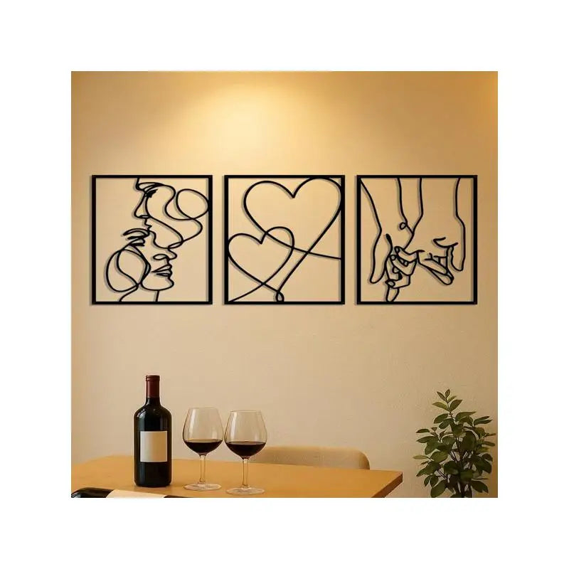 3-Piece Romantic Metal Wall Art Set - Minimalist Couple Silhouette, Love & Kiss Line Drawings, Heartwarming Decor for Bedroom,