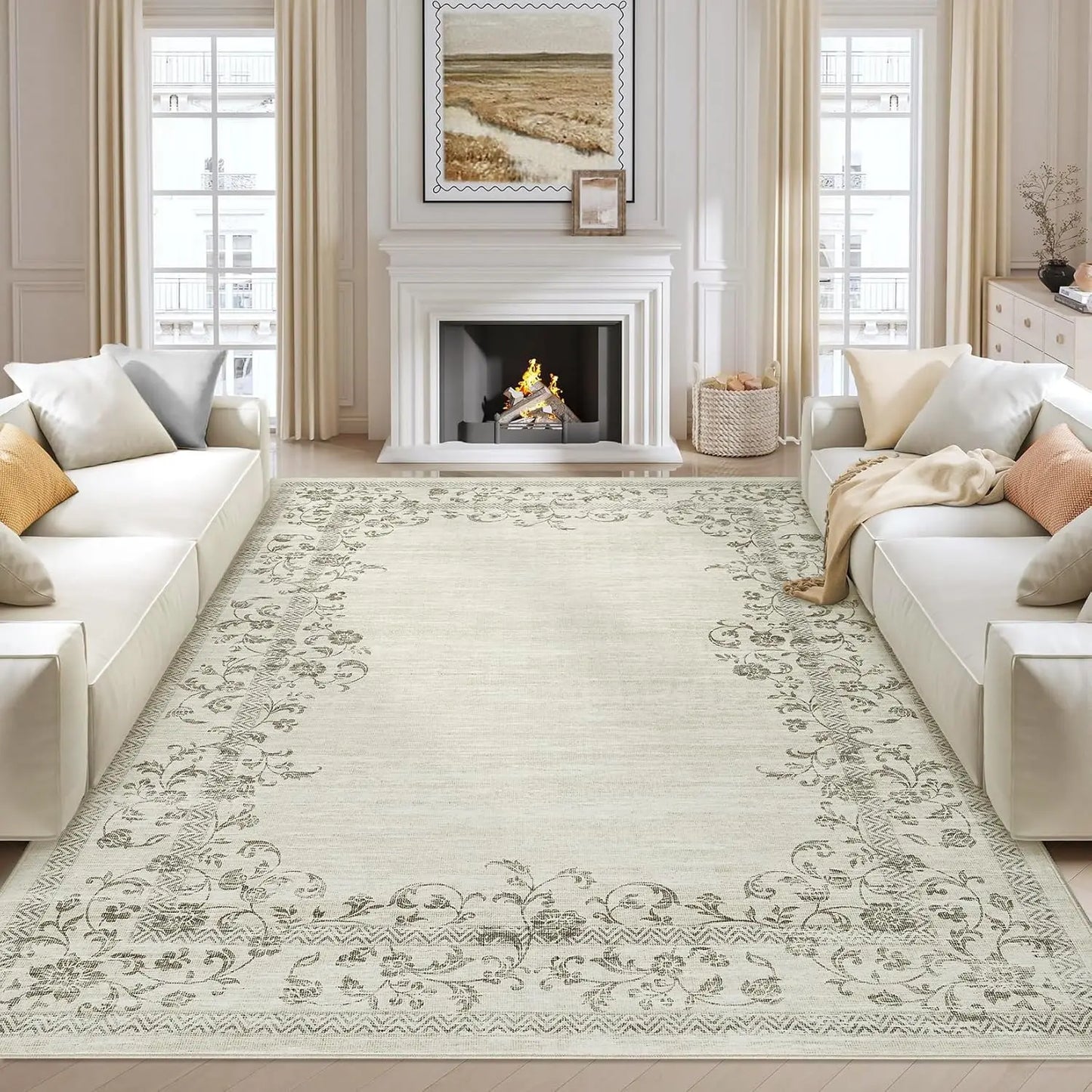 Washable Area Rug for Bedroom Farmhouse Rugs for Living Room Indoor Floral Bordered Large Rug Soft Carpet for Dining Room Office