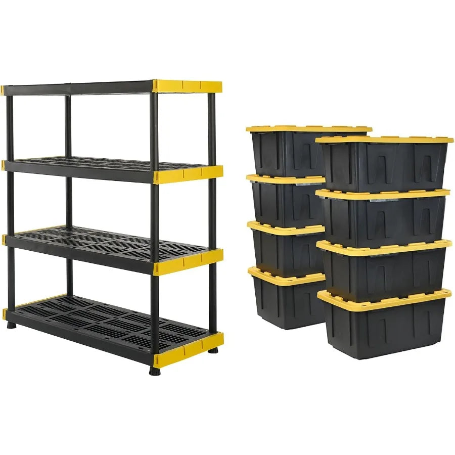 Black Yellow Shelving Unit and Heavy Duty Storage Containers for Industrial Warehouse Garage Basement and Workshop Organization