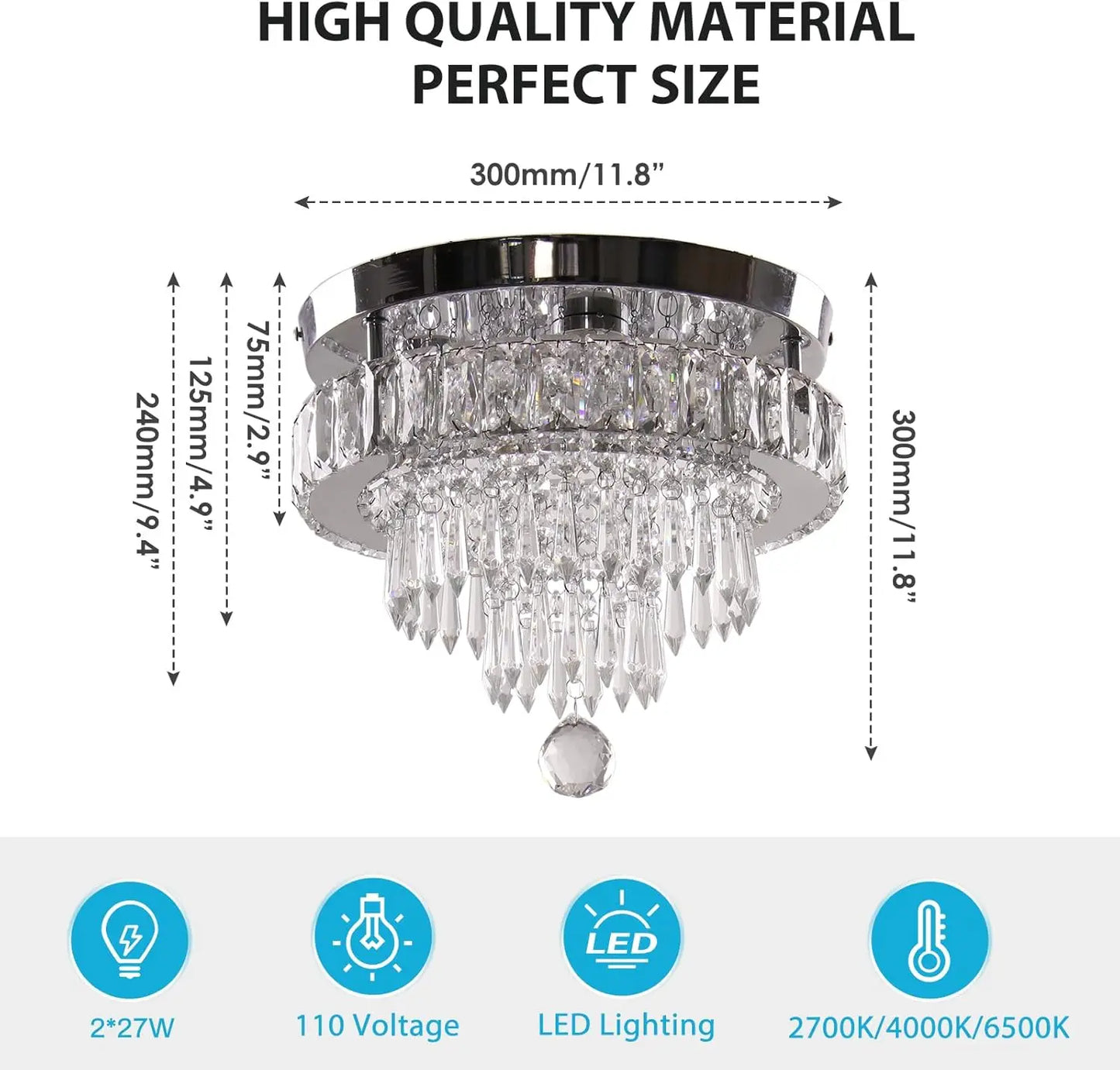 11.8" Dimmable Crystal Chandelier Crystal Ceiling Light Modern Chandeliers Flush Mount Ceiling Light Lamp Fixture for Dining Roo