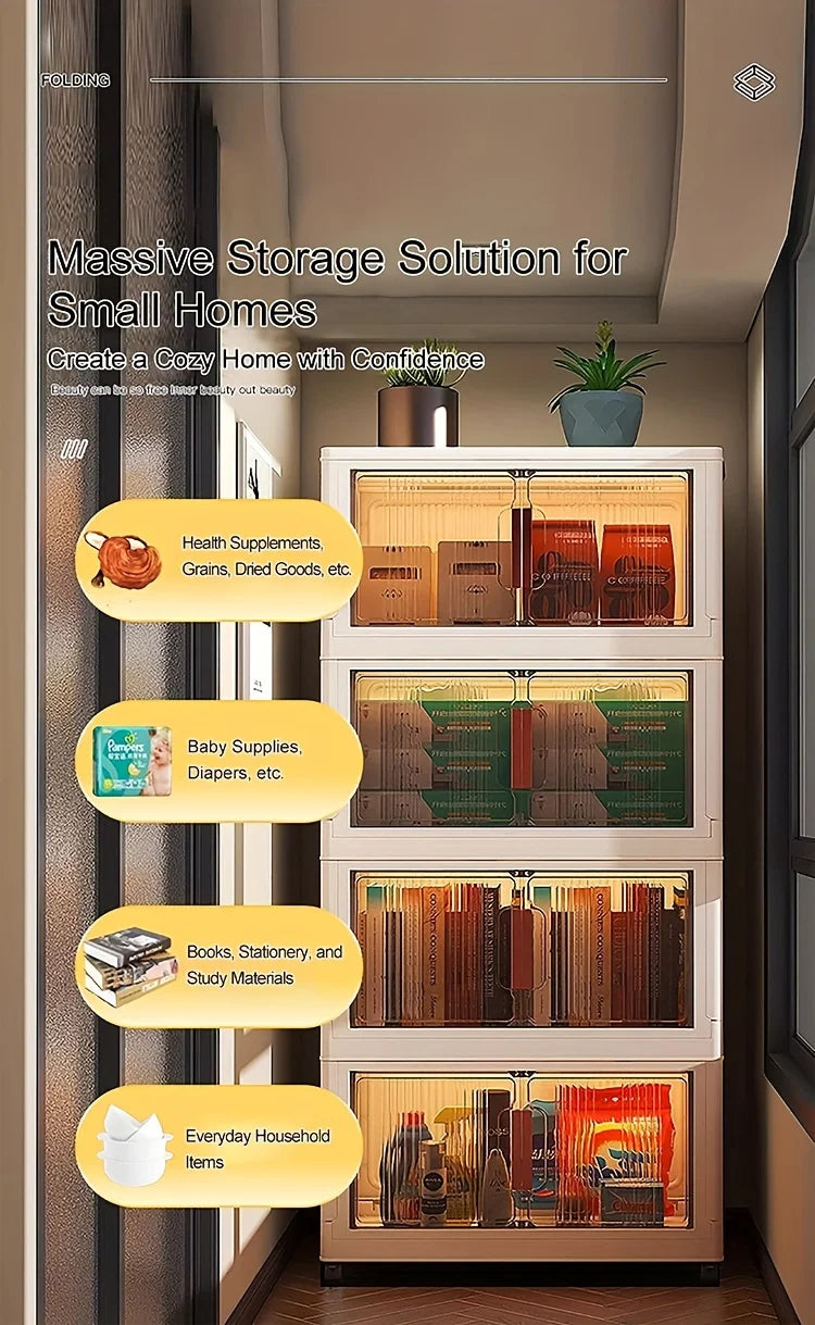 3/4/5-Tier Extra Large Folding Storage Cabinet - Plastic Storage Bins With Lids, Collapsible Stackable Containers With Wheels