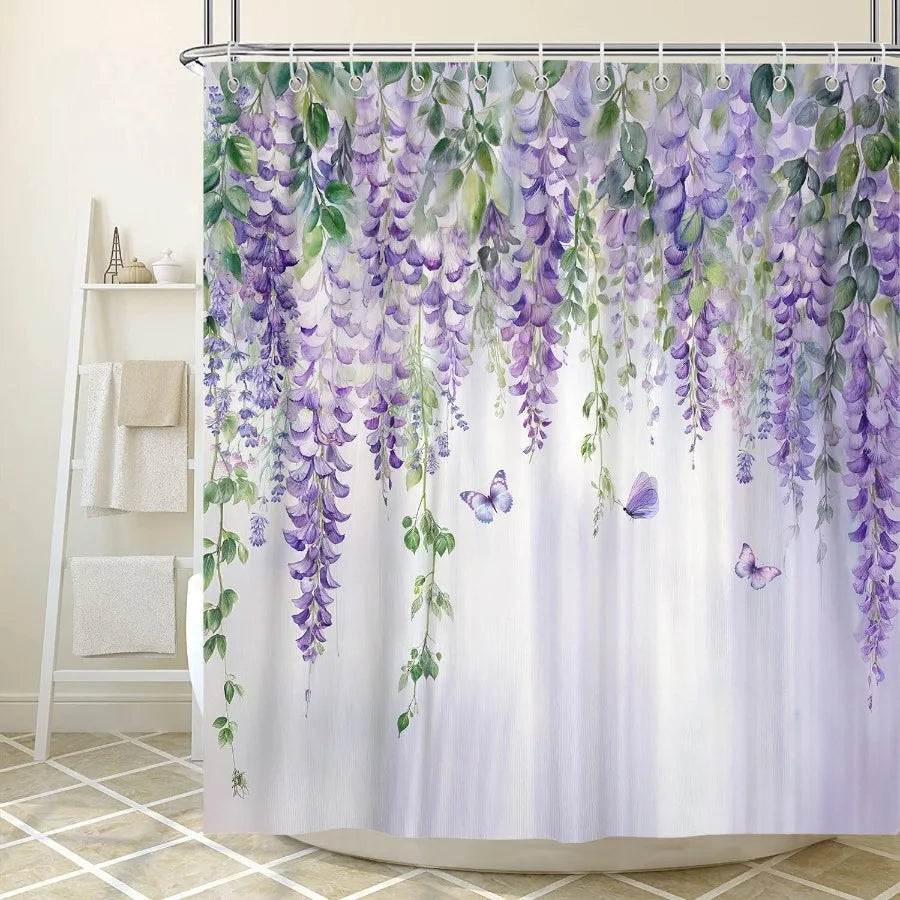 Purple Lavender Floral Butterfly Shower Curtain Spring Purple Lilac Flower Leaves Fabric Shower Curtains Set for Girl Bathroom