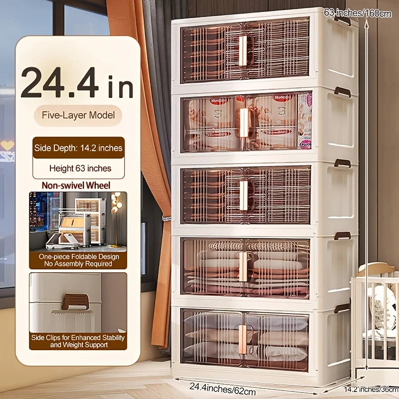 3/4/5-Tier Extra Large Folding Storage Cabinet - Plastic Storage Bins With Lids, Collapsible Stackable Containers With Wheels