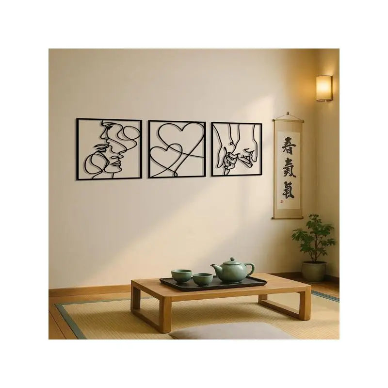 3-Piece Romantic Metal Wall Art Set - Minimalist Couple Silhouette, Love & Kiss Line Drawings, Heartwarming Decor for Bedroom,
