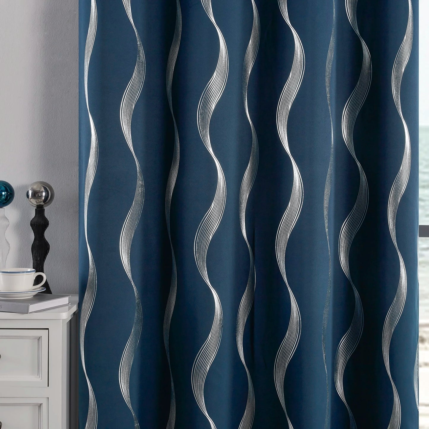 4PCS Blackout Curtains Grommet Thermal Insulated Room Darkening  With Wave Foil Printed For Bedroom
