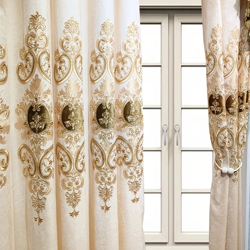2pcs Chenille gold embroidered bedroom curtain finished, without valance