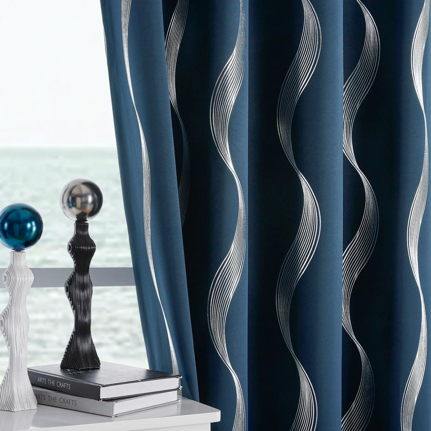 4PCS Blackout Curtains Grommet Thermal Insulated Room Darkening  With Wave Foil Printed For Bedroom